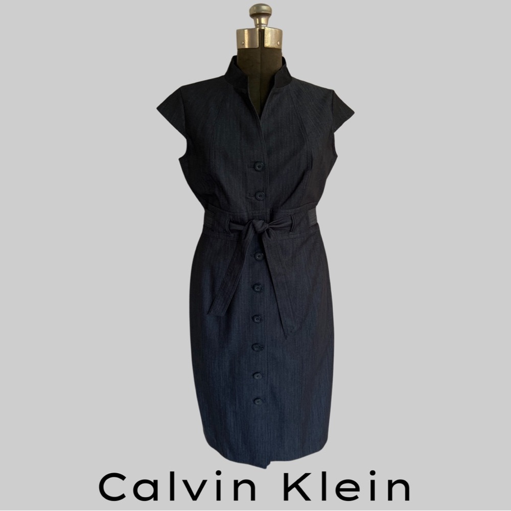 CALVIN KLEIN BUTTON UP SHIRT DRESS WITH CAP SLEEVES - NAVY - SIZE LARGE